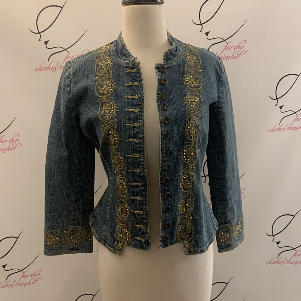 WILLI SMITH. Size XS-S. Stretch Embroidered Denim Jacket. Embellished. B47